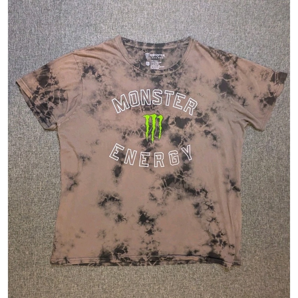 Vintage Vtg Monster Energy Tie Dye Grey T Shirt Green Logo Mens 2XL Cotton Tee